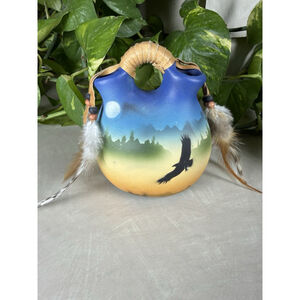 Hand Painted Vtg Native American Ceramic Wedding Vase Blue Bird Flying Feathers